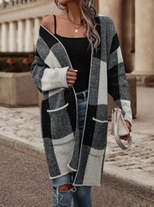 SHEIN LUNE Cárdigan de plumero con patrón de cuadros con doble bolsillo de hombros caídos - Gris - Ver 5