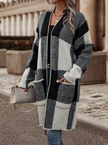 SHEIN LUNE Cárdigan de plumero con patrón de cuadros con doble bolsillo de hombros caídos - Gris - Ver 6