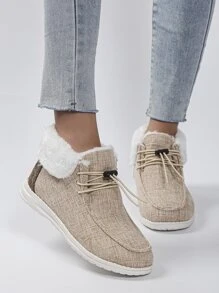 Drawstring Design Thermal Lined Casual Shoes - Khaki - View 1