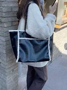 Contrast Binding Tote Bag - Black - View 1