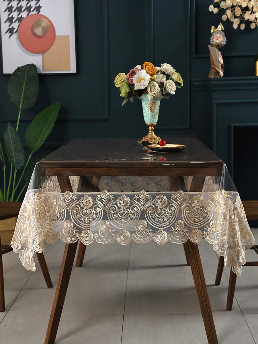 1pc Rectangular Lace Embroidered Waterproof Tablecloth - Oil-Proof, Dirt-Proof, Transparent Table Cover With Champagne Lace Streamer Border - Perfect For Wedding, Party, Family, Outdoor, Indoor, Holiday Table Decoration - Multicolor - View 1