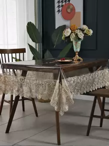 1pc Rectangular Lace Embroidered Waterproof Tablecloth - Oil-Proof, Dirt-Proof, Transparent Table Cover With Champagne Lace Streamer Border - Perfect For Wedding, Party, Family, Outdoor, Indoor, Holiday Table Decoration - Multicolor - View 2