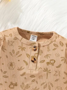 Baby Boy Cartoon Animal Print Quarter Button Tee & Joggers - Brown - View 4