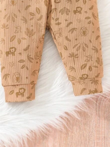 Baby Boy Cartoon Animal Print Quarter Button Tee & Joggers - Brown - View 7