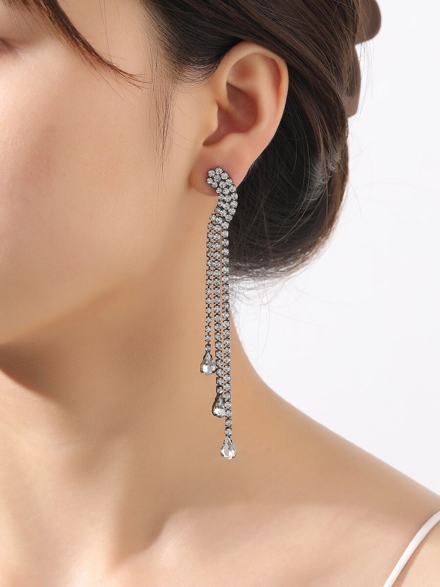 Rhinestone Tassel Drop Earrings - Multicolor - View 1