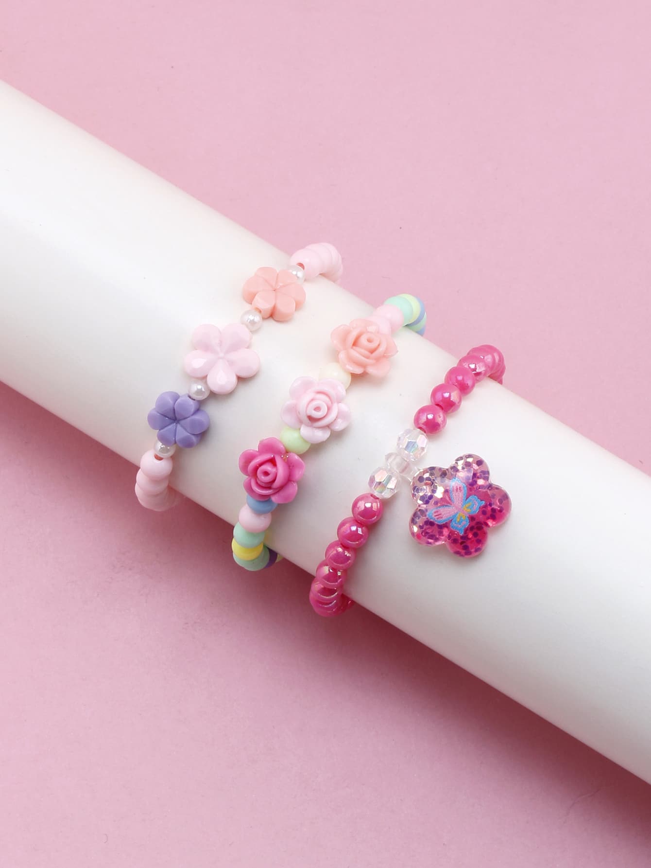 3pcs Girls Flower Charm Beaded Bracelet - Multicolor - View 1