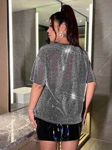SHEIN SXY Plus Glitter Round Neck Tee - Grey - View 2