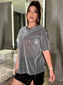 SHEIN SXY Plus Glitter Round Neck Tee - Grey - View 3