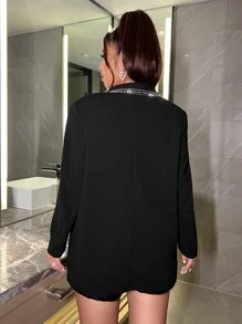 SHEIN SXY Plus Rhinestone Detail Single Button Blazer - Black - View 2