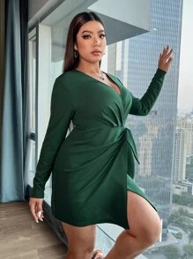 SHEIN Privé Vestido unicolor cruzado con nudo lateral - Verde Oscuro - Ver 4