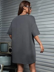 Atosha Figure & Slogan Graphic Drop Shoulder Oversized Tee Dress, Holiday, Party, Thanksgiving - Dark Grey - View 2
