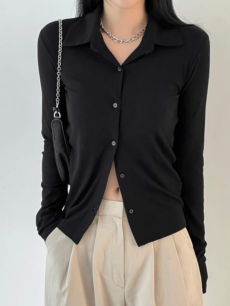 DAZY Solid Button Front Tee Long Sleeve Top