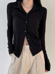 DAZY Solid Button Front Tee Long Sleeve Top