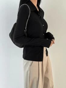 DAZY Solid Button Front Tee Long Sleeve Top