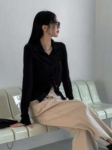 DAZY Solid Button Front Tee Long Sleeve Top