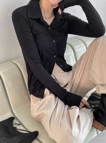 DAZY Solid Button Front Tee Long Sleeve Top