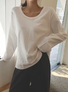 DAZY Einfarbiges Rundhals T-Shirt, Langarm Damen Tops für den Herbst