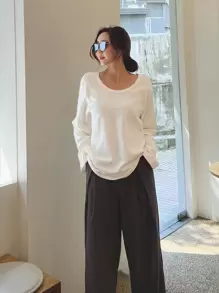 DAZY Einfarbiges Rundhals T-Shirt, Langarm Damen Tops für den Herbst