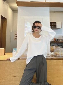 DAZY Einfarbiges Rundhals T-Shirt, Langarm Damen Tops für den Herbst