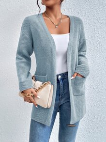 SHEIN Frenchy Dual Pocket Drop Shoulder Duster Cardigan Winter - Blue - View 4