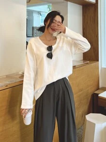 DAZY Einfarbiges Rundhals T-Shirt, Langarm Damen Tops für den Herbst