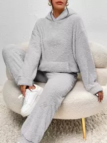 SHEIN EZwear Drop Shoulder Flannel Hoodie & Trousers - Light Grey - View 1