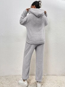 SHEIN EZwear Drop Shoulder Flannel Hoodie & Trousers - Light Grey - View 2