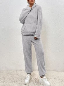 SHEIN EZwear Drop Shoulder Flannel Hoodie & Trousers - Light Grey - View 3
