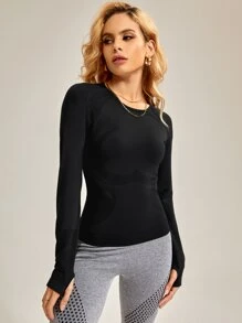 Easithlete Seamless Thumb Holes Raglan Sleeve Sports Tee - Black - View 1