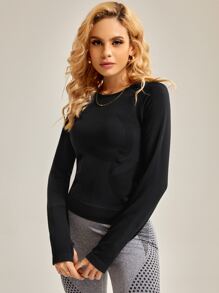 Easithlete Seamless Thumb Holes Raglan Sleeve Sports Tee - Black - View 4