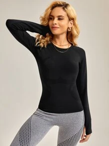 Easithlete Seamless Thumb Holes Raglan Sleeve Sports Tee - Black - View 5