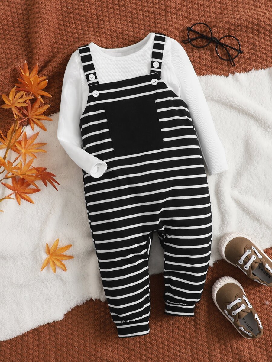 SHEIN Baby Boy 1pc Striped Patched Pocket Overalls - Black - View 1