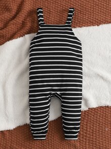 SHEIN Baby Boy 1pc Striped Patched Pocket Overalls - Black - View 2