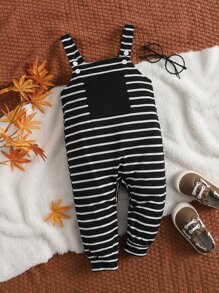 SHEIN Baby Boy 1pc Striped Patched Pocket Overalls - Black - View 3