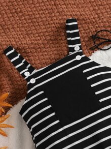 SHEIN Baby Boy 1pc Striped Patched Pocket Overalls - Black - View 4