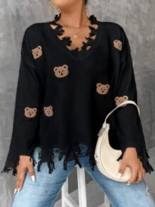 SHEIN Unity Plus Bear Pattern Drop Shoulder Distressed Sweater - Black - View 1
