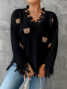 SHEIN Unity Plus Bear Pattern Drop Shoulder Distressed Sweater - Black - View 3