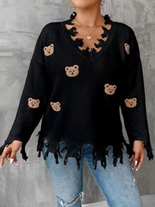 SHEIN Unity Plus Bear Pattern Drop Shoulder Distressed Sweater - Black - View 4