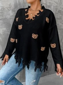 SHEIN Unity Plus Bear Pattern Drop Shoulder Distressed Sweater - Black - View 5