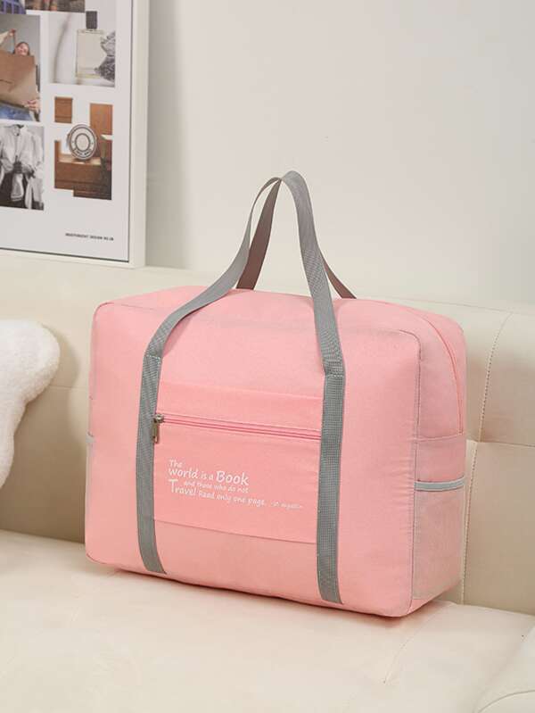 1pc Slogan Graphic Random Color Foldable Travel Bag