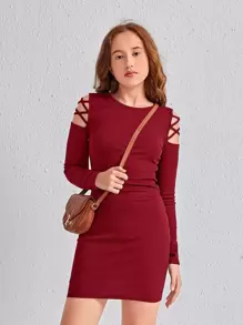 SHEIN Teen Girls Crisscross Cold Shoulder Dress - Burgundy - View 1