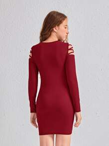 SHEIN Teen Girls Crisscross Cold Shoulder Dress - Burgundy - View 2
