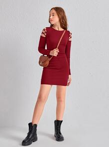 SHEIN Teen Girls Crisscross Cold Shoulder Dress - Burgundy - View 5