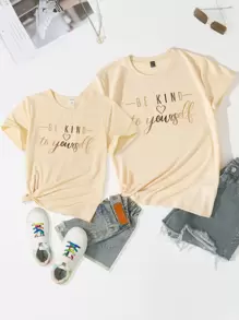 Camiseta de manga corta básica con cuello redondo y eslogan impreso con letras para niña preadolescente - Albaricoque - Ver 3