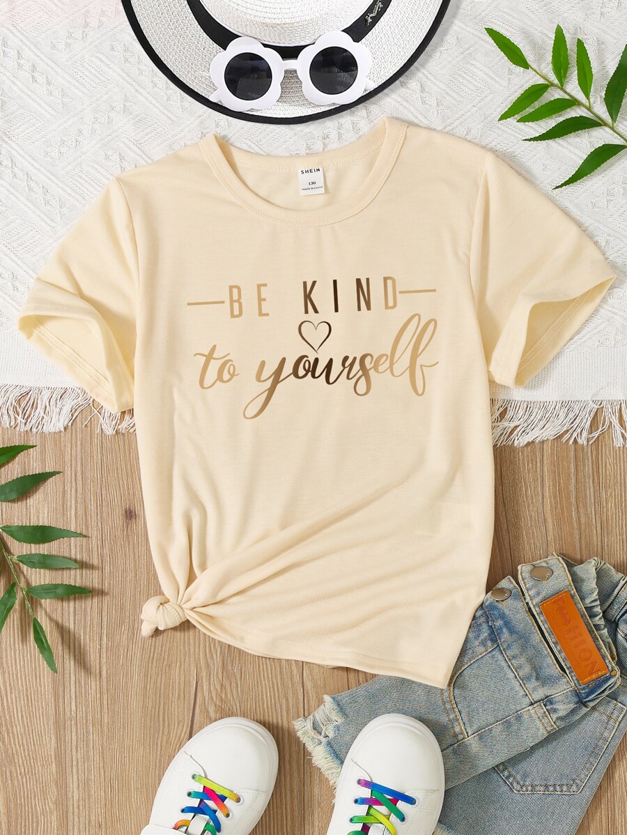 Camiseta de manga corta básica con cuello redondo y eslogan impreso con letras para niña preadolescente - Albaricoque - Ver 1