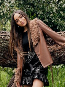 SHEIN X Calle y Poché SHEIN ICON 荷葉邊PU皮革半身裙