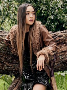 SHEIN X Calle y Poché SHEIN ICON 荷葉邊PU皮革半身裙