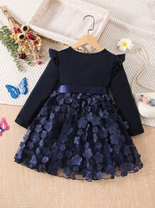 SHEIN Young Girl Appliques Contrast Mesh Ruffle Trim Belted Dress - Navy Blue - View 2