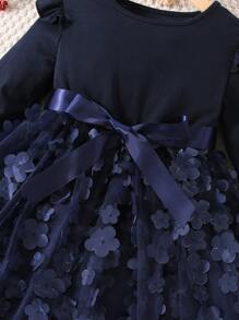 SHEIN Young Girl Appliques Contrast Mesh Ruffle Trim Belted Dress - Navy Blue - View 3
