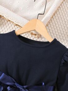 SHEIN Young Girl Appliques Contrast Mesh Ruffle Trim Belted Dress - Navy Blue - View 4